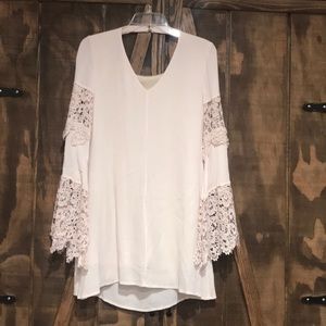 Cream long bell-sleeve laced dress